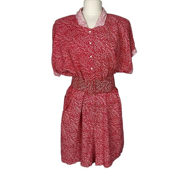 Vintage Maggie Lawrence Red Floral Romper Womens 14 Belt Shoulder Pads 80s 90s
